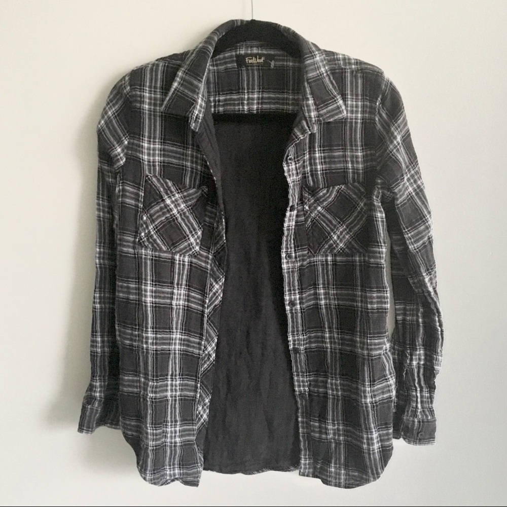 FAR WEST Cotton Plaid Flannel Shirt Gray Black M